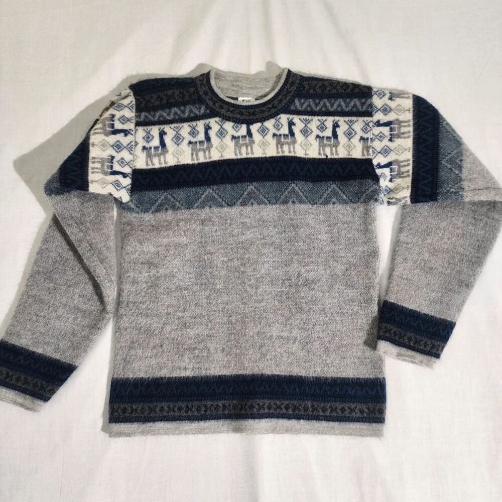 Kuri Artesanías Wool Alpaca Knit Sweater Size 8 Gray Blue Made in Ecuador Llama